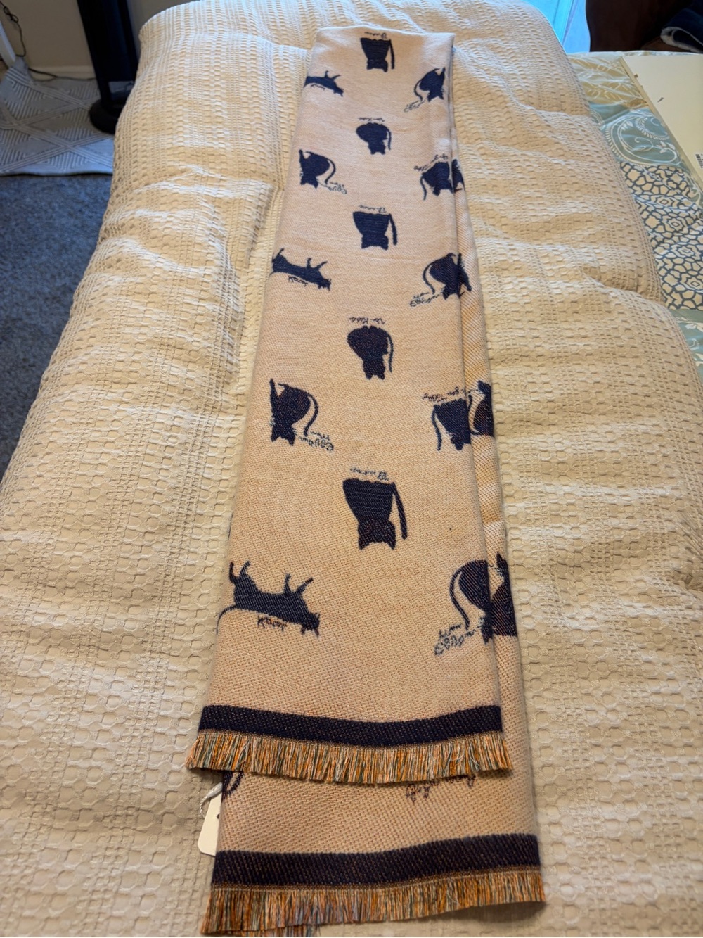 Beige and Navy Cat Pattern Scarf